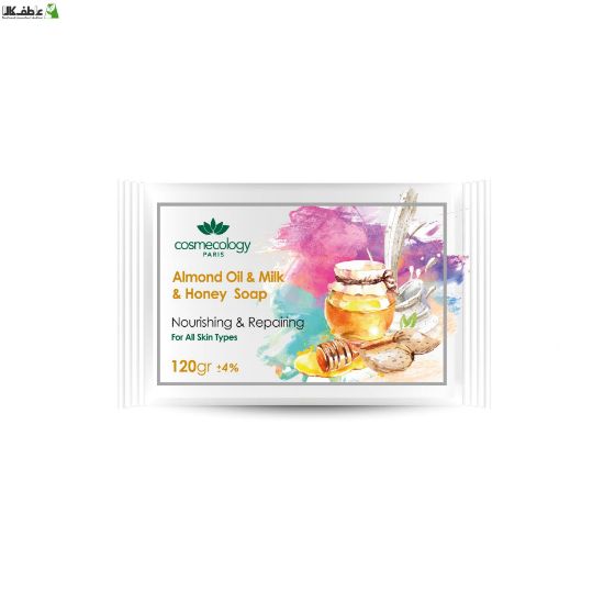 صابون شستشو روغن بادام و شیر و عسل کاسمکولوژی مدل oil and milk honey وزن 120 گرم